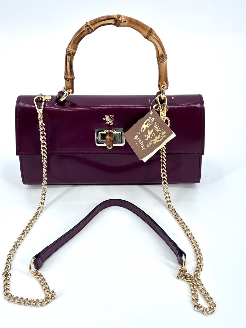 Pratesi Castalia Lady Bag Leather Chianti Red Bamboo Handle East West Crossbody
